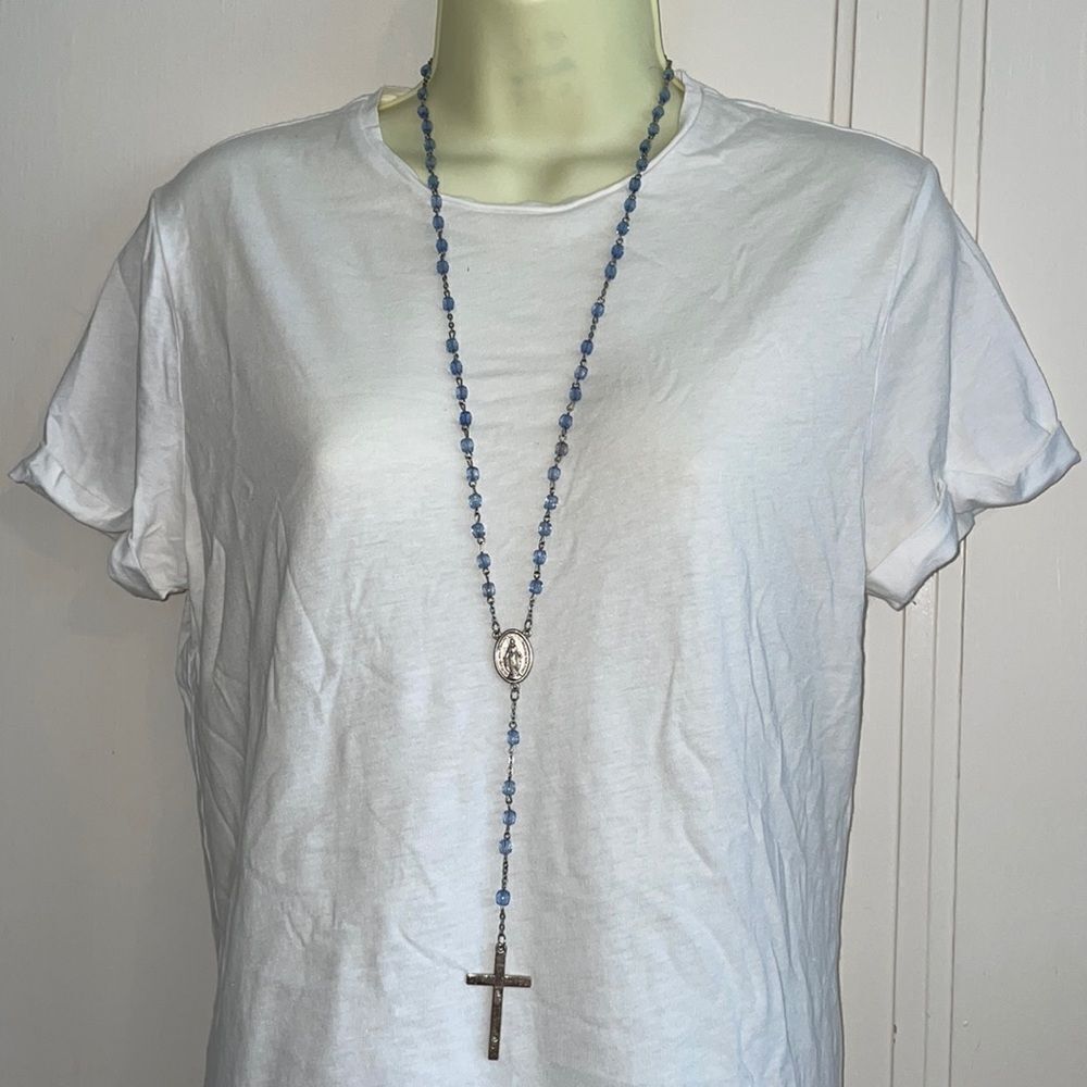Catholic light blue faceted plastic bead rosary necklace with silver cross